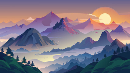 Vector art of a serene mountain landscape at sunset, featuring majestic peaks, lush forests, and a tranquil atmosphere perfect for travel and adventure