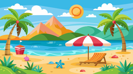 Vector art of a vibrant cartoon illustration of a tropical beach paradise with palm trees, mountains, and a sunny sky, perfect for summer vacation vibes