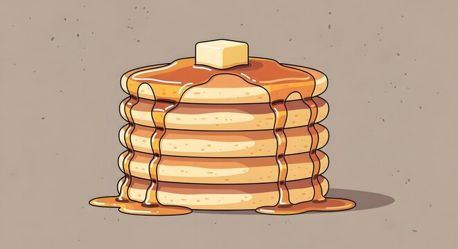 Delicious Stack of Golden Pancakes with Melting Butter and Dripping Maple Syrup - Breakfast Food Illustration
