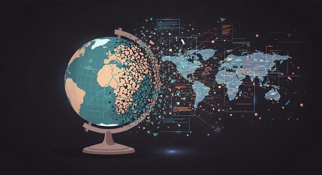 Digital Earth transformation. Globe deconstructs into global data network and interactive world map, symbolizing technology, connectivity, and info...