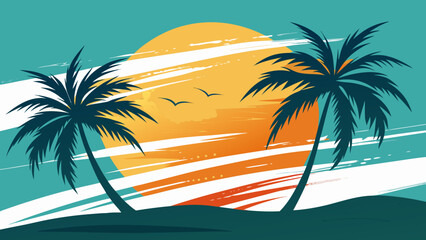 Vector art of silhouette of palm trees against a vibrant sunset sky, evoking a tropical beach vacation and a sense of summer travel and leisure