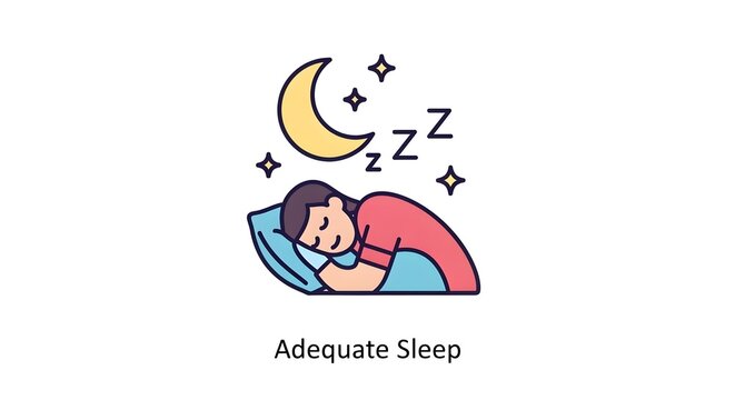 Adequate Sleep Illustration. Person resting peacefully on pillow under moon and stars. Good night's rest for health and well-being.