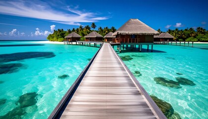 Tropical overwater bungalows.  A wooden walkway stretches across a turquoise lagoon to a row of thatched-roof bungalows on stilts, set against a clear blue sky.  Palm trees line the shore