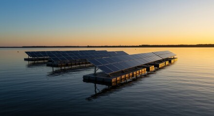 Fototapeta premium Floating Solar Panels Illuminated by a Serene Golden Sunset on Calm Water.