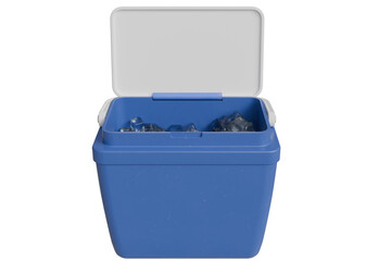 Open blue cooler with ice