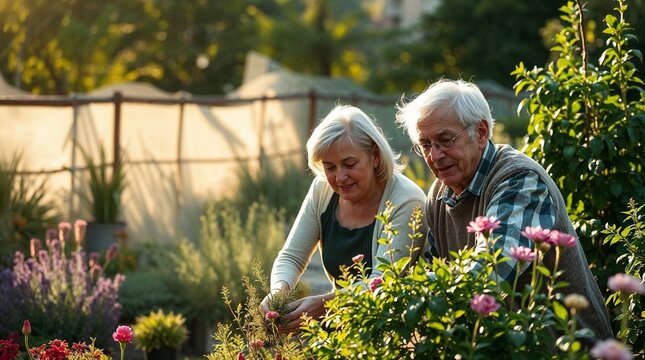 Senior couple gardening together surrounded by lush plants in evening light.