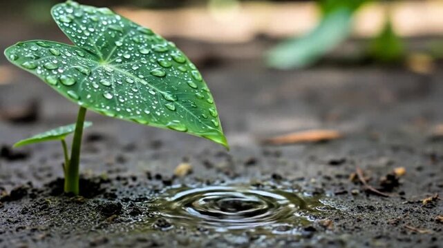 Video, cinematic, water coming down from small taro plant forming perfect waves, video asset, nature, landscape