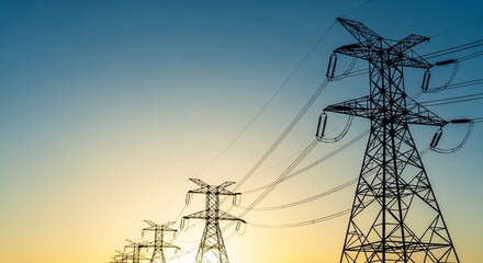 Sunset view of power lines energy infrastructure.
