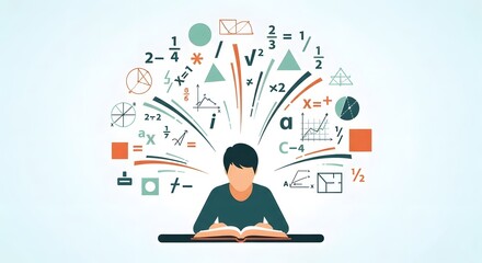 Student engaged in mathematical learning, with equations, symbols, and graphs illustrating a burst of ideas and problem-solving.