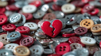 A vibrant red broken heart button surrounded by an assortment of colorful buttons, symbolizing love and heartbreak.