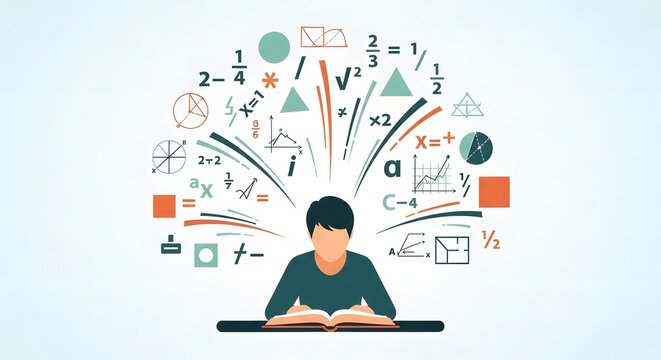 Student engaged in mathematical learning, with equations, symbols, and graphs illustrating a burst of ideas and problem-solving.