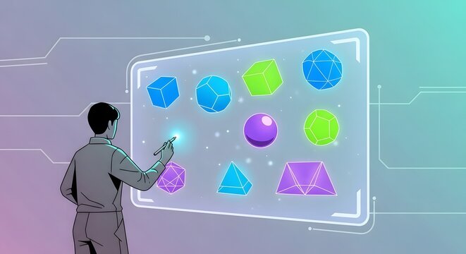 Man Interacting with Holographic Display of 3D Geometric Shapes, Future Tech Concept