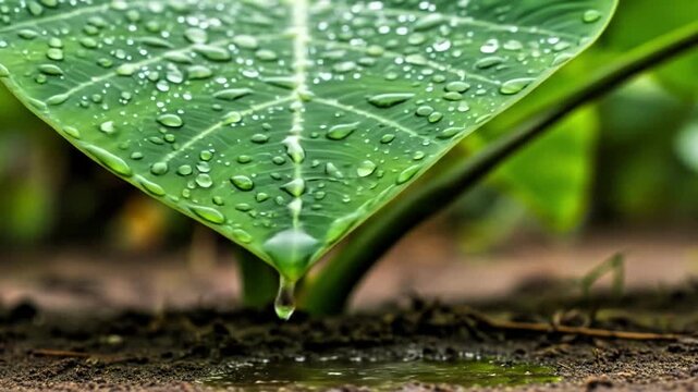Video, closeup, cinematic, water falling from taro leaf plant to ground, video asset, nature, landscape
