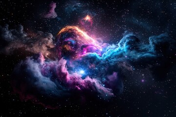 Vibrant cosmic nebula with swirling clouds of blue, purple, and orange light glowing against star filled dark space background, evoking sense of wonder and vastness