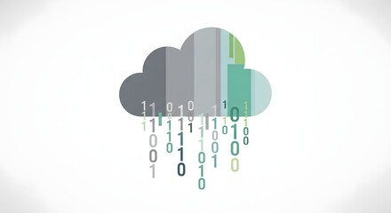 Digital cloud icon with binary data stream. Cloud computing, data storage, and modern technology concept illustration on white background.