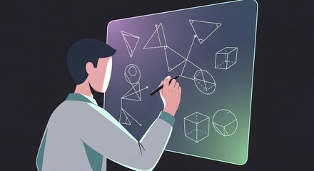 Professional drawing geometric diagrams on futuristic transparent screen, illustrating data, design, and technology concepts