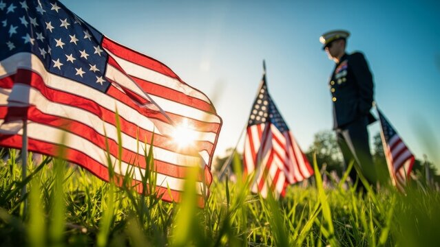 officer man on background with flags in green grass - Powered by Adobe