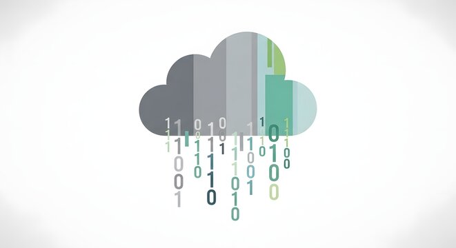 Digital cloud icon with binary data stream. Cloud computing, data storage, and modern technology concept illustration on white background. - Powered by Adobe