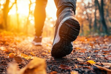 Close up of person walking on forest trail covered with autumn leaves during warm, glowing sunset, capturing peaceful and mindful outdoor experience