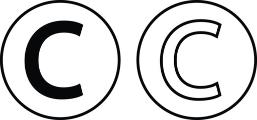 Copyright icon set collection group in black flat and line style, legal protection logo pack, trademark symbol bundle, intellectual property outline glyph assortment, creative rights design elements