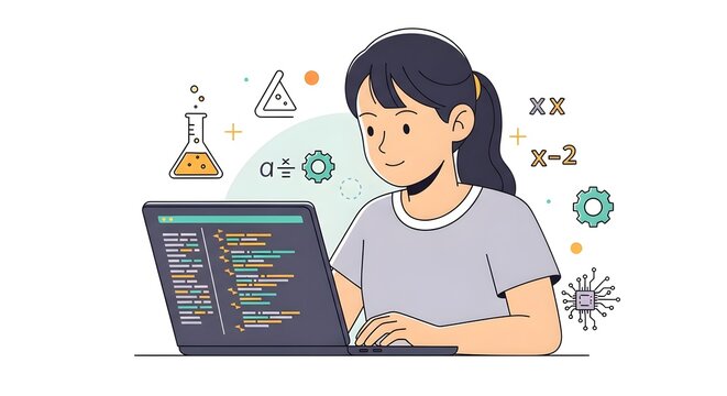 Female student coding on laptop, surrounded by science and math icons. STEM education and digital learning concept. - Powered by Adobe