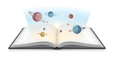 Open Book Illuminating a Vibrant Solar System with Planets and Stars, Symbolizing the Power of Knowledge, Scientific Discovery, and Imagination in ...