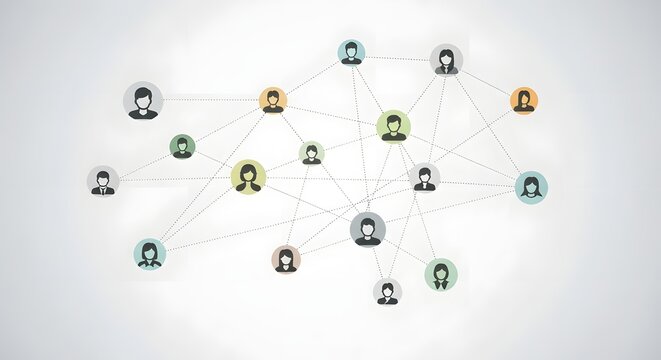 Digital social network with interconnected user avatars representing communication, community, and global connections on white.