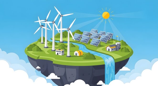 Floating Island Eco-Community: Sustainable Renewable Energy with Wind Turbines, Solar Panels, and Clean Water for a Green Future - Powered by Adobe