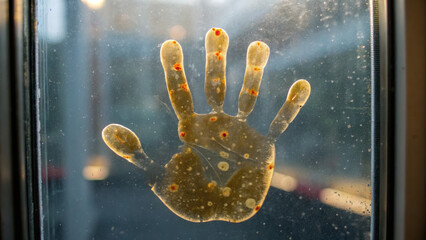 Childhood bacteria influence immune development. A handprint on a foggy glass surface, creating a sense of intimacy and mystery.