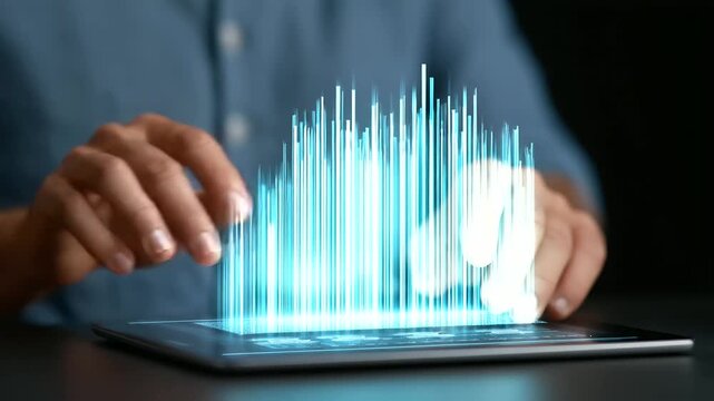 Marketing Team Works on Innovative ab testing using a futuristic holographic interface to enhance marketing strategies., Using Data Visuals, Touch Gestures, and Real-Time Feedback in Modern Workspace