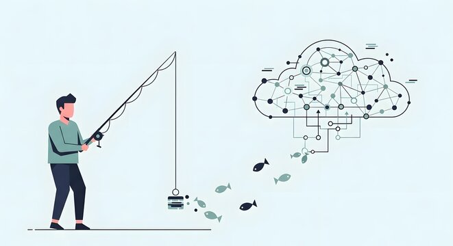 Data Fishing & Cybersecurity Threat: Person uses a fishing rod to extract information from a cloud computing network, symbolizing phishing, data ha...