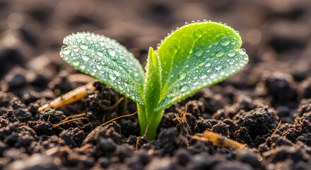 Macro Close-Up of Green Seedling Sprouting from Soil with Natural Sunlight, Ultra Sharp Realistic Photography