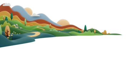 Stylized landscape illustration featuring rolling hills, trees, and a bright sun, a serene pastoral scene