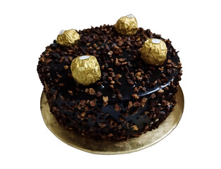 Delicious whole chocolate cake PNG, isolated on a white background. Ideal for bakery promotions, dessert menus, cafe advertising, and food packaging design.