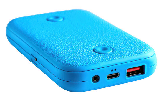 Bright blue textured portable power bank with usb and usb c ports isolated on transparent background
