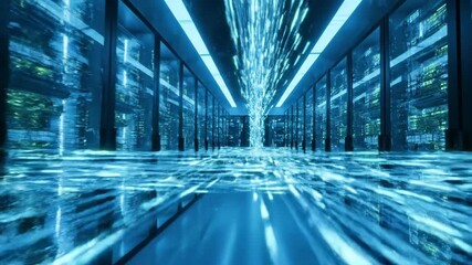 Futuristic data center with glowing blue server racks and streams of digital information. - Powered by Adobe