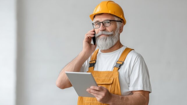 Elderly construction worker in safety gear, talking on smartphone, holding tablet, wearing glasses, smiling at camera, professional setting, indoor environment