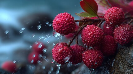 Macro shot of water drops falling on red berries in nature with blur background