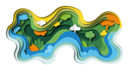 Whimsical Layered Landscape Illustration with Paper Cut Effect and Vibrant Hues