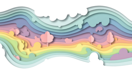 Paper Cut Landscape with Rainbow Layers and Trees on a Black Background