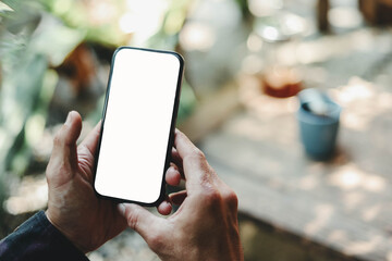 Mobile phone blank white screen mockup.texting using cell phone.background empty space for advertise.work people contact marketing business,technology