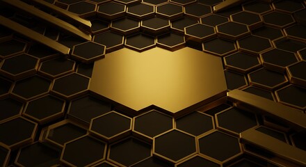 Futuristic technological backdrop featuring a blank gold hexagonal plate on a dark honeycomb surface
