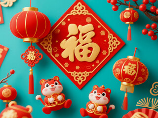 Naklejka premium Chinese New Year festive background featuring a golden Fu character on a red decorative panel, traditional red lanterns, and adorable cartoon tiger figurines in festive outfits. Symbolizing good