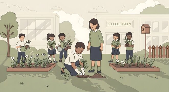 Diverse group of school children and a teacher learning to plant in a vibrant outdoor garden, promoting environmental education, sustainability, an...