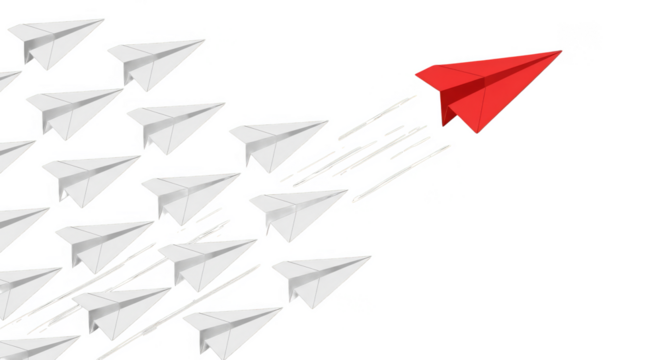 Red paper airplane leads the flock