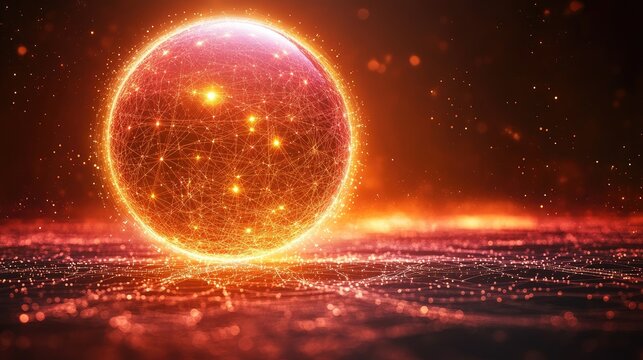 Fiery glowing sphere connected network, futuristic landscape background