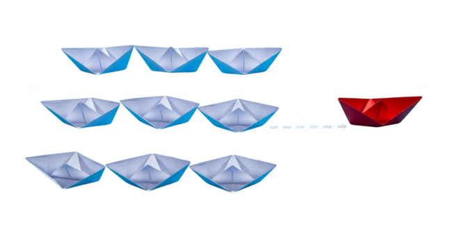 Red paper boat leads the blue ones