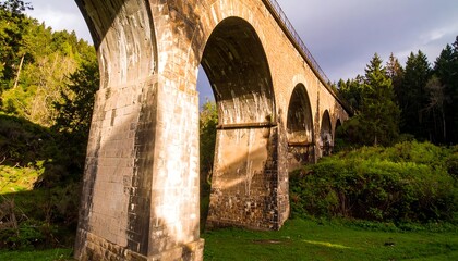 Stone arch bridge through a forest