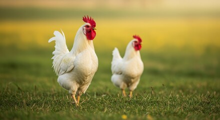 Fototapeta premium Majestic White Rooster and Hen Strolling in a Sun-Kissed Grassy Field at Sunset.