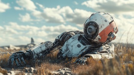 Worn Future: Decommissioned Robot Relic Amidst a Tranquil Landscape